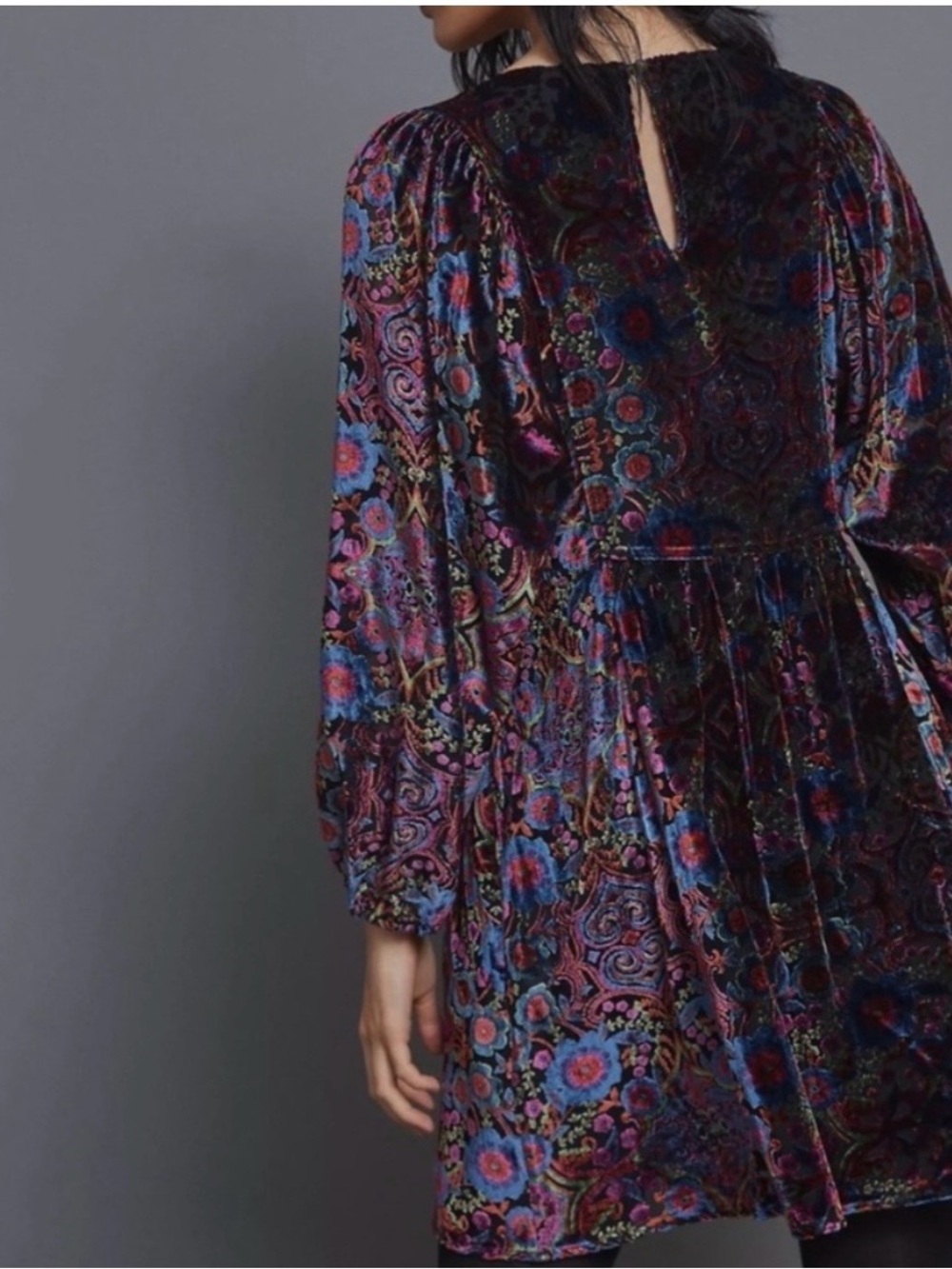 Anthropologie Mona Burnout Velvet Floral Mini Dress Long Billowy Sleeves Size XL - Picture 3 of 10